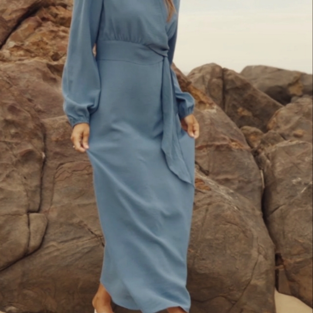 Smoke Blue Gauzy Maxi Dress Elastic Waist Dress